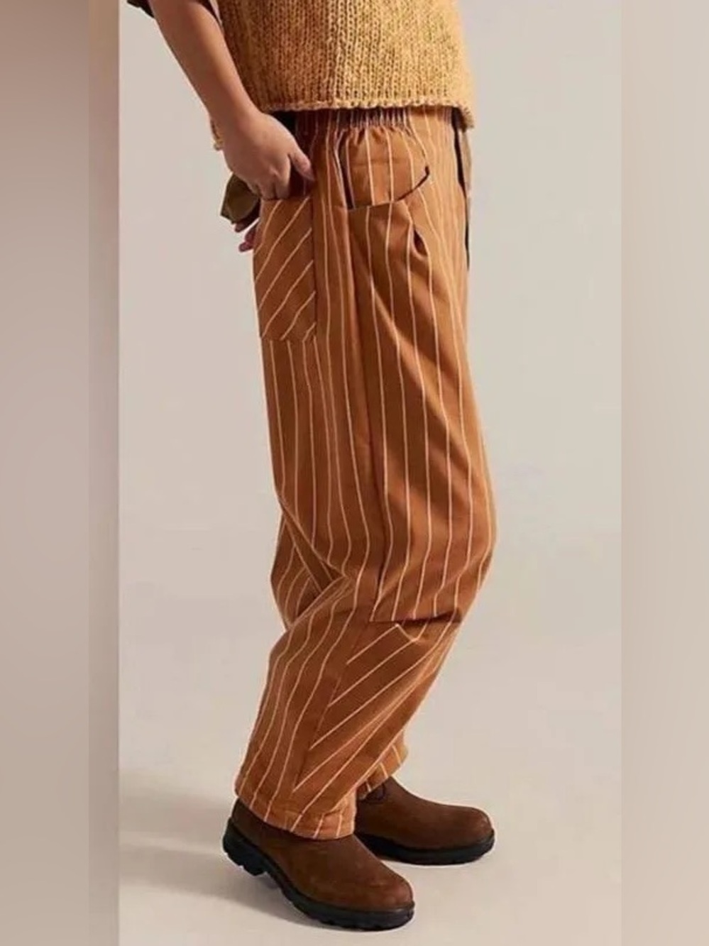NWT Free People Nice Try Pull On Trousers in Caramel Combo Pinstripe Bohemian XL
